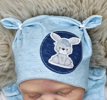Preview: Handmade Strampler gr.56 mit passender Öhrchenmütze Hase hellblau