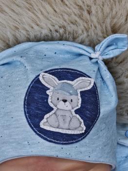 Preview: Handmade Strampler gr.56 mit passender Öhrchenmütze Hase hellblau