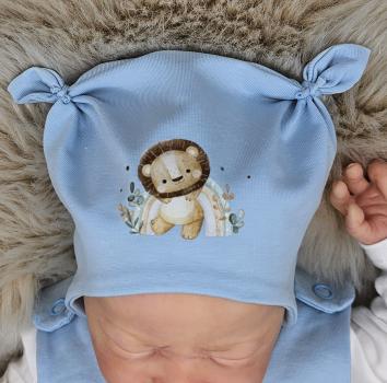 Preview: Handmade Strampler mit Mütze gr 56 hellblau Löwe