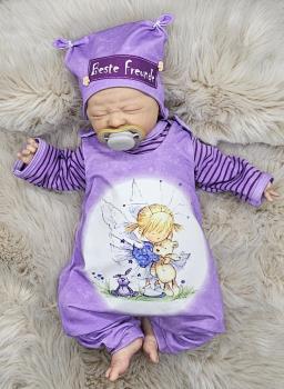 Handmade Strampler, Pulli & Mütze gr.56 lila Fee mit Teddy
