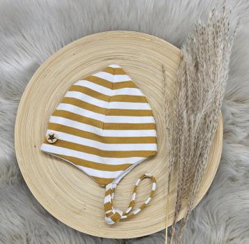 Handmade senfgelb weiß gestreift Kopfumfang 38/39 bis 48/49