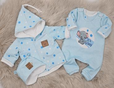 Handmade  4 tlg. Outfit gr.56 Jacke , Strampler, Pulli & Mütze Boy Sterne