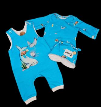 handmade Strampler, Pulli und Mütze gr 56 Meerestiere maritim