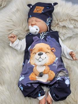Handmade Strampler mit Mütze gr.56 Biber