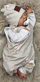 Preview: Handmade Strampler mit Mütze gr.56 Katzen Sterne