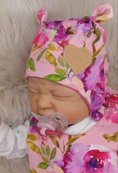 Preview: Handmade Strampler mit Mütze gr.56 Rosen pink Herzchen