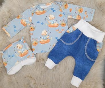 Handmade Pulli , Hose und Mütze gr.56 Bär angeln