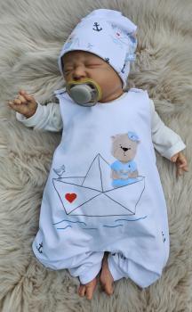 Preview: Handmade Strampler mit Beanie gr.56 Bär Boot maritim
