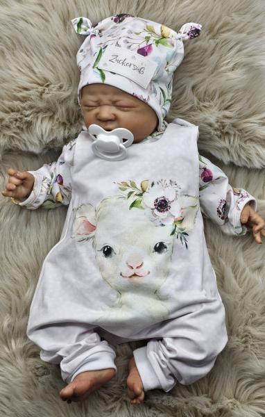 Handmade Strampler, Pulli und Mütze gr.56 Lamm Blumen niedlich