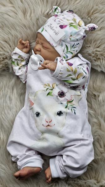 Handmade Strampler, Pulli und Mütze gr.56 Lamm Blumen niedlich