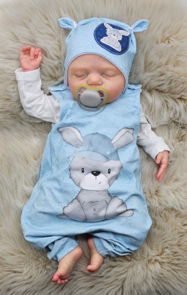 Handmade Strampler gr.56 mit passender Öhrchenmütze Hase hellblau