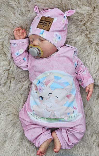 Handmade Strampler, Pulli und Mütze gr.56 Hasen Blumen niedlich