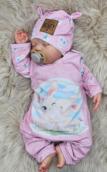 Handmade Strampler, Pulli und Mütze gr.56 Hasen Blumen niedlich