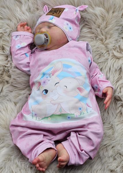 Handmade Strampler, Pulli und Mütze gr.56 Hasen Blumen niedlich