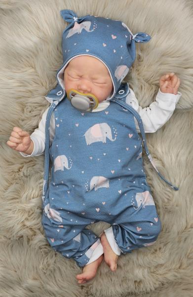 Handmade Strampler mit Mütze gr.56 Elefanten