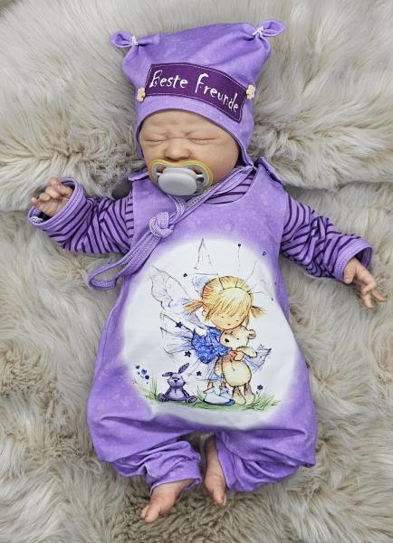 Handmade Strampler, Pulli & Mütze gr.56 lila Fee mit Teddy