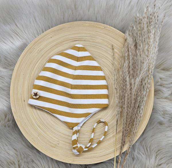 Handmade senfgelb weiß gestreift Kopfumfang 38/39 bis 48/49