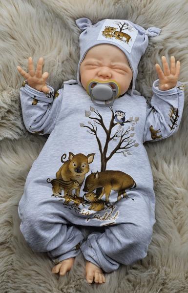 Handmade Pulli, Strampler und Mütze gr.56 Wildschweine