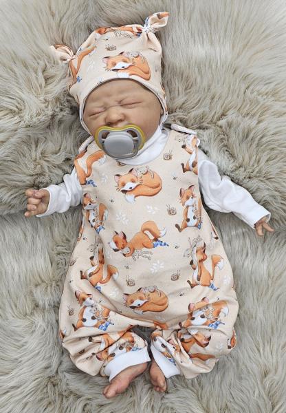 Handmade Strampler mit Mütze gr.56 mit vielen Füchsen