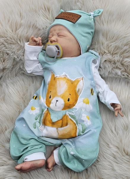 Handmade Strampler mit Öhrchenmütze gr.56 Katze