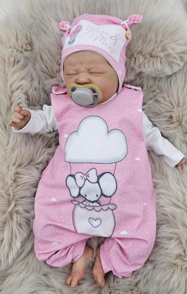 Handmade Strampler & Mütze gr.56 Maus im Heißluftballon