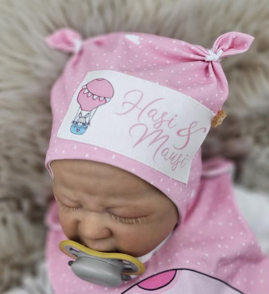 Handmade Strampler & Mütze gr.56 Hase im Heißluftballon