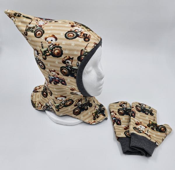 Handmade Schlupfmützen mit passenden Handschuh Ku. 48/49 bis 52/53 Tiere Traktoren