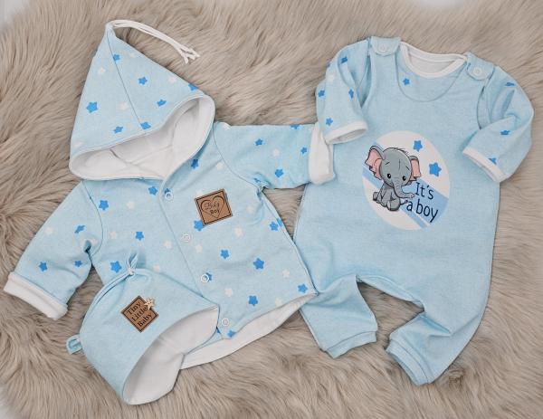 Handmade  4 tlg. Outfit gr.56 Jacke , Strampler, Pulli & Mütze Boy Sterne