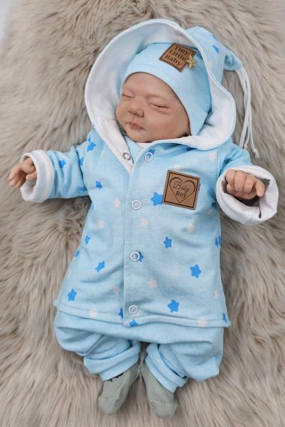 Handmade  4 tlg. Outfit gr.56 Jacke , Strampler, Pulli & Mütze Boy Sterne