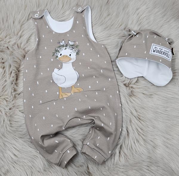 Handmade Set gr.56 Strampler mit passender Mütze Entenmotiv