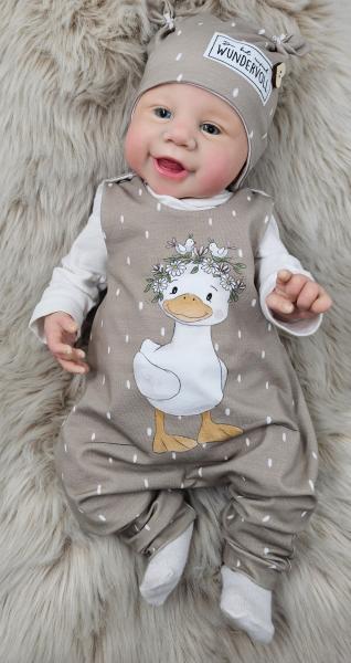 Handmade Set gr.56 Strampler mit passender Mütze Entenmotiv