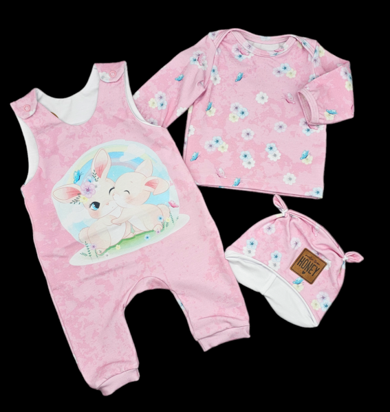 Handmade Strampler, Pulli und Mütze gr.56 Hasen Blumen niedlich