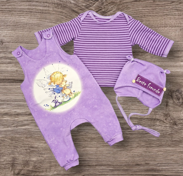 Handmade Strampler, Pulli & Mütze gr.56 lila Fee mit Teddy