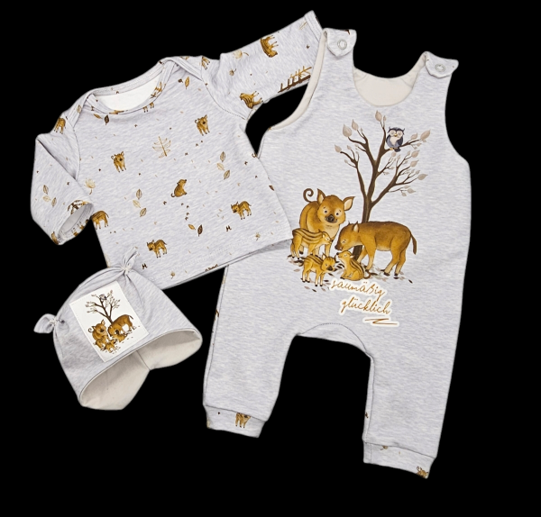 Handmade Pulli, Strampler und Mütze gr.56 Wildschweine