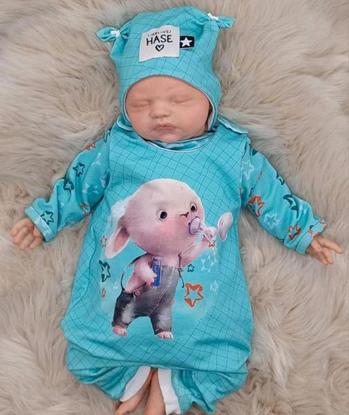 Handmade Strampler, Pulli und Mütze gr 56 Sterne Hase