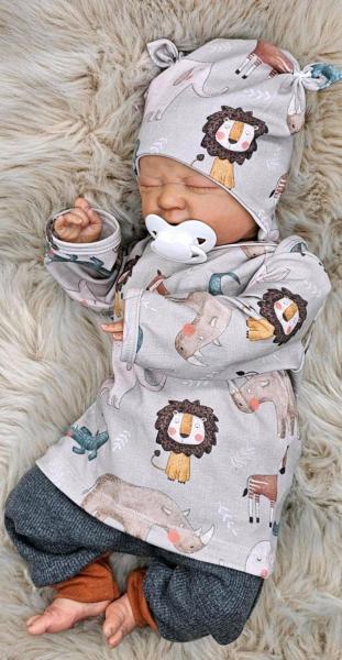 Handmade Pulli, Hose und Mütze gr.56 Safari Tiere