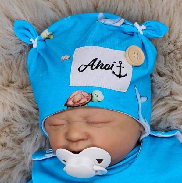 handmade Strampler, Pulli und Mütze gr 56 Meerestiere maritim