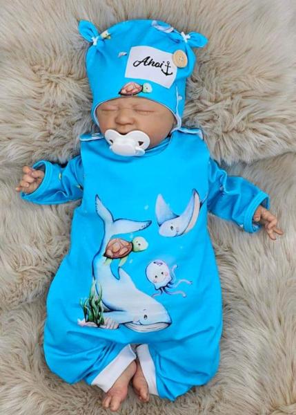 handmade Strampler, Pulli und Mütze gr 56 Meerestiere maritim