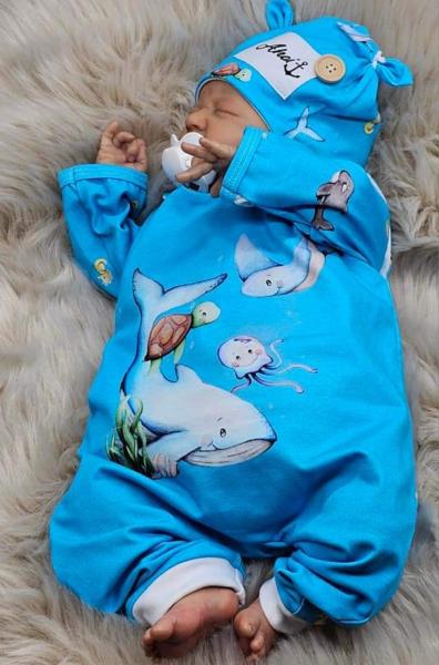 handmade Strampler, Pulli und Mütze gr 56 Meerestiere maritim