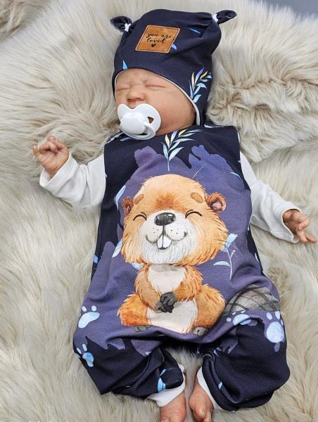 Handmade Strampler mit Mütze gr.56 Biber