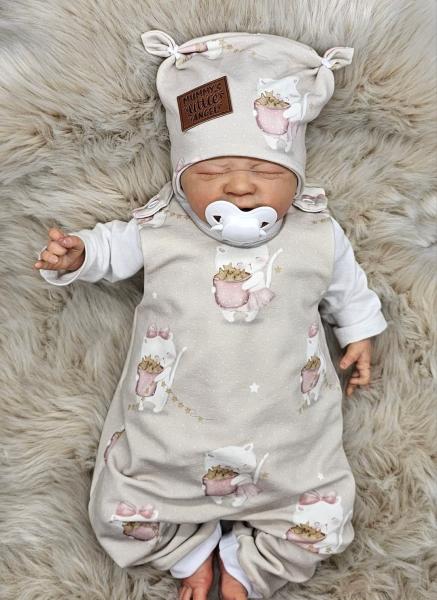 Handmade Strampler mit Mütze gr.56 Katzen Sterne