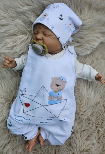 Handmade Strampler mit Beanie gr.56 Bär Boot maritim