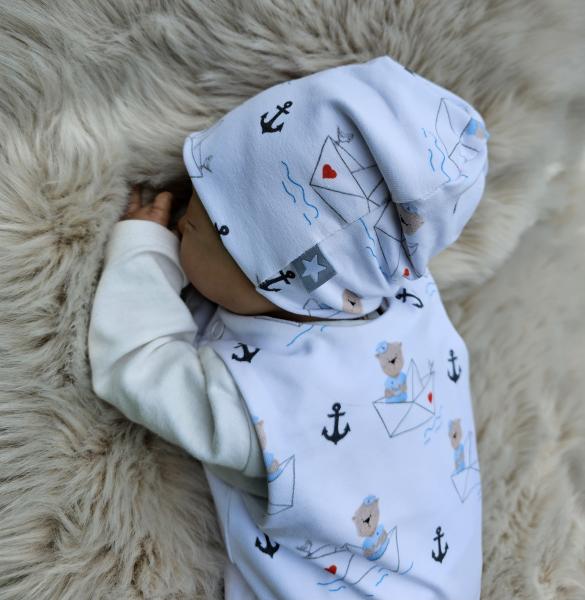 Handmade Strampler mit Beanie gr.56 Bär Boot maritim